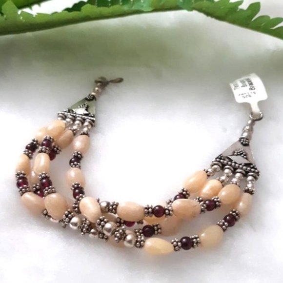 Bracelet Natural (br6) Gemstones Cream Aventurine Garnet 925 Silver 4-strand - Picture 6 of 10